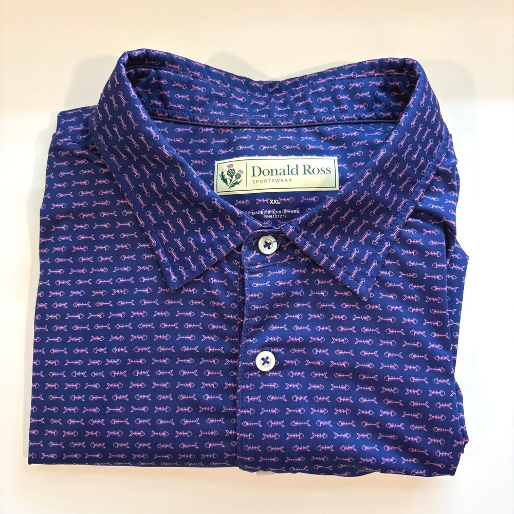 Donald Ross Sportswear Mens XXL Navy Pink Fishbone Print Performance Golf Polo